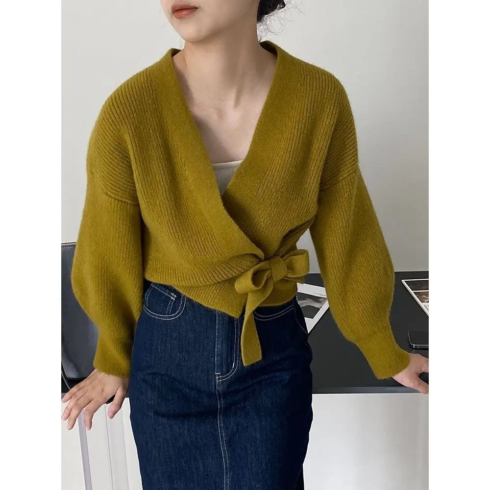 Early Autumn Bow Tie VNeck Knit Womens Short High Waist Cardigan Sweater Coat Overlay n Sense Top 241225