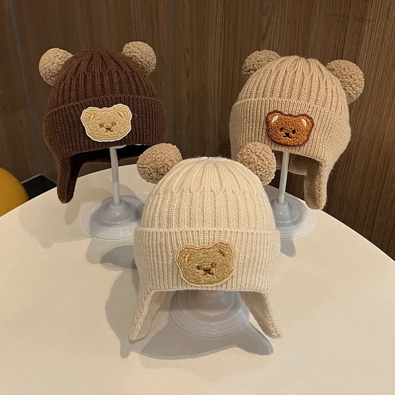 Baby wool hat cute bear ear protection children winter thickened warm knitted Korean version of the baby 241225