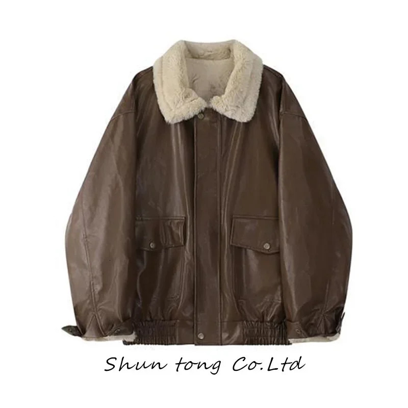 Leather Thicken Jacket Women Fluffy Turndown Collar Long Sleeve Female Coat 2023 Autumn Winter Street Loose Moto Biker Outwear 241223