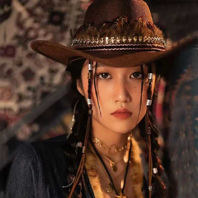 Retro Feather Skull Belt Unisex Womens Mens/Childrens Wool Wide Brim Sun Cowboy Western Cowboy Hat C 54-57-61cm W241225