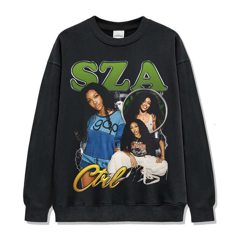 American style new Shisha SZA printed short sleeved T-shirt, washed and worn pure cotton round neck hooded sweatshirt