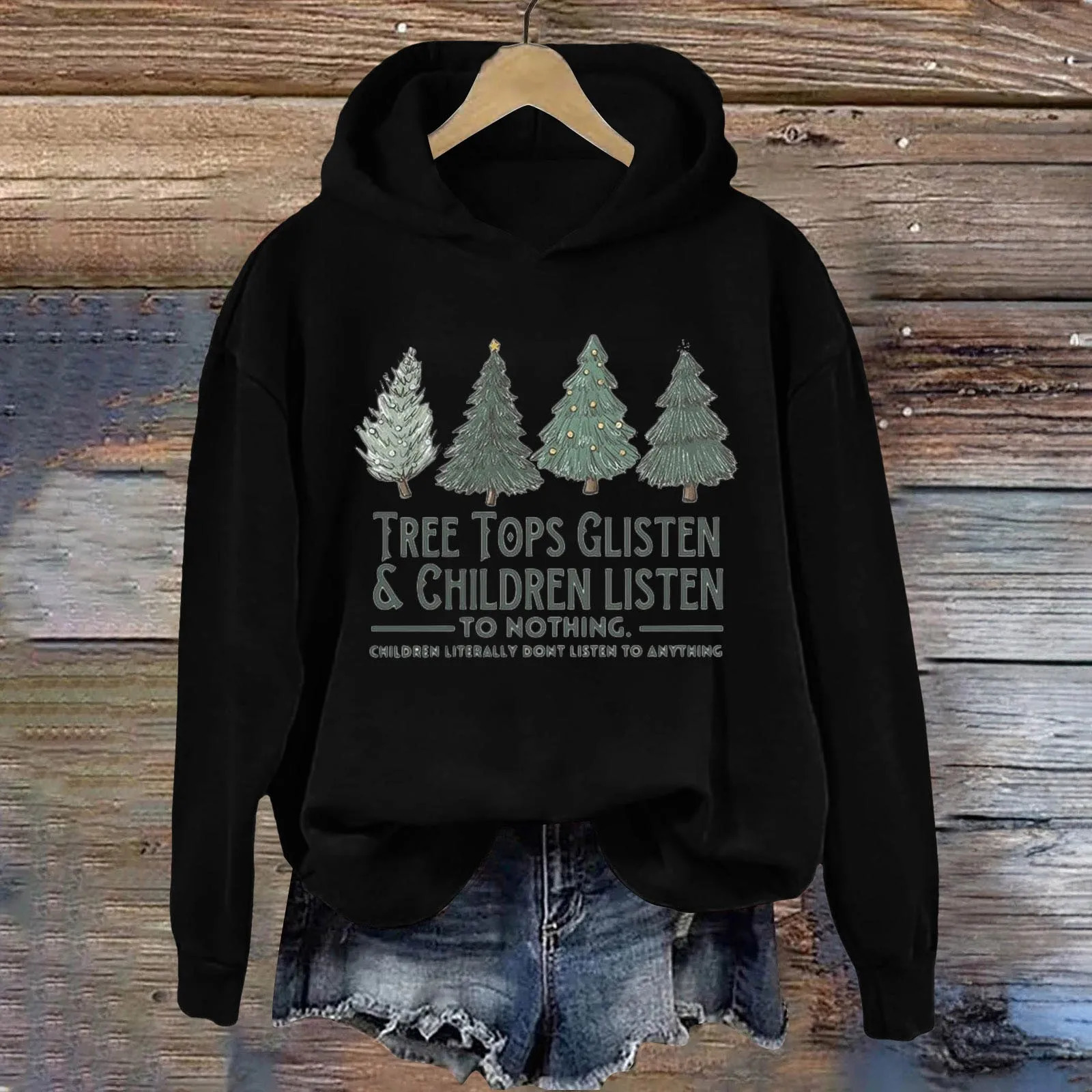 Christmas Tree Printed Sweatshirt Long Sleeve Casual Hoodies Loose Fit Graphic Hooded Pullover 241225