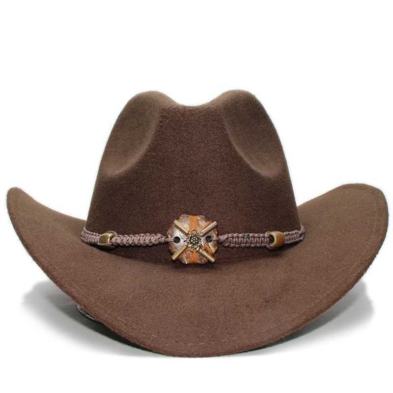 Retro Parents Childrens Womens Mens/Childrens Wool Wide Brown Cowboy Western Hat Cowboy Girl C Wood Knitted Bead Strap (61cm/57cm/54cm) W241225