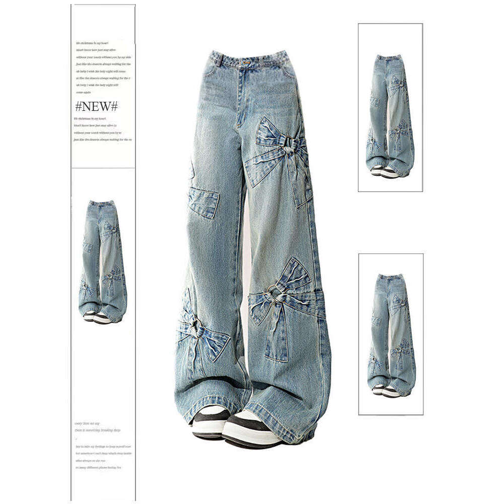 Women Blue Bow Jeans Haruku Y2k Japanese 2000s Style Aesthetic Baggy Denim Trousers Oversize Jean Pants Vintage Trashy Clothes
