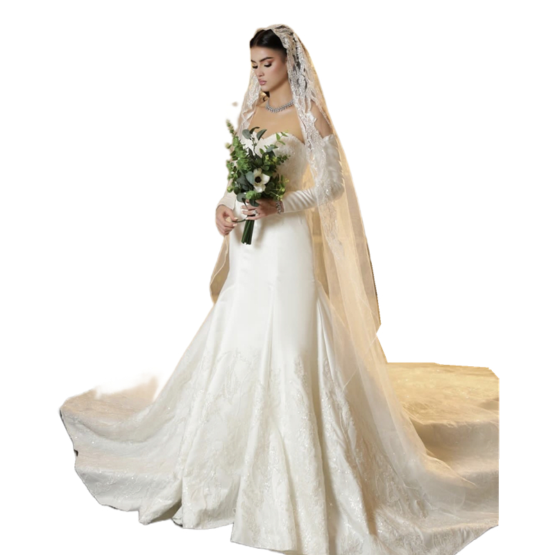 Gorgeous Sweetheart Satin Mermaid Wedding Dresses With Sequins Lace Appliques Chapel Bridal Gowns Detachable Long Sleeves Ivory Bride Dress Back lace-