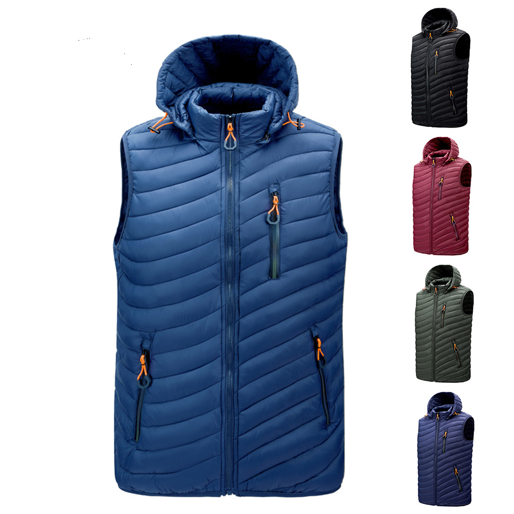 2025 Men Sleeveless Down Vests Solid Hooded Vest Jackets Fashion Casual Pockets Waistcoat Windproof Jacket Winter Male Hot