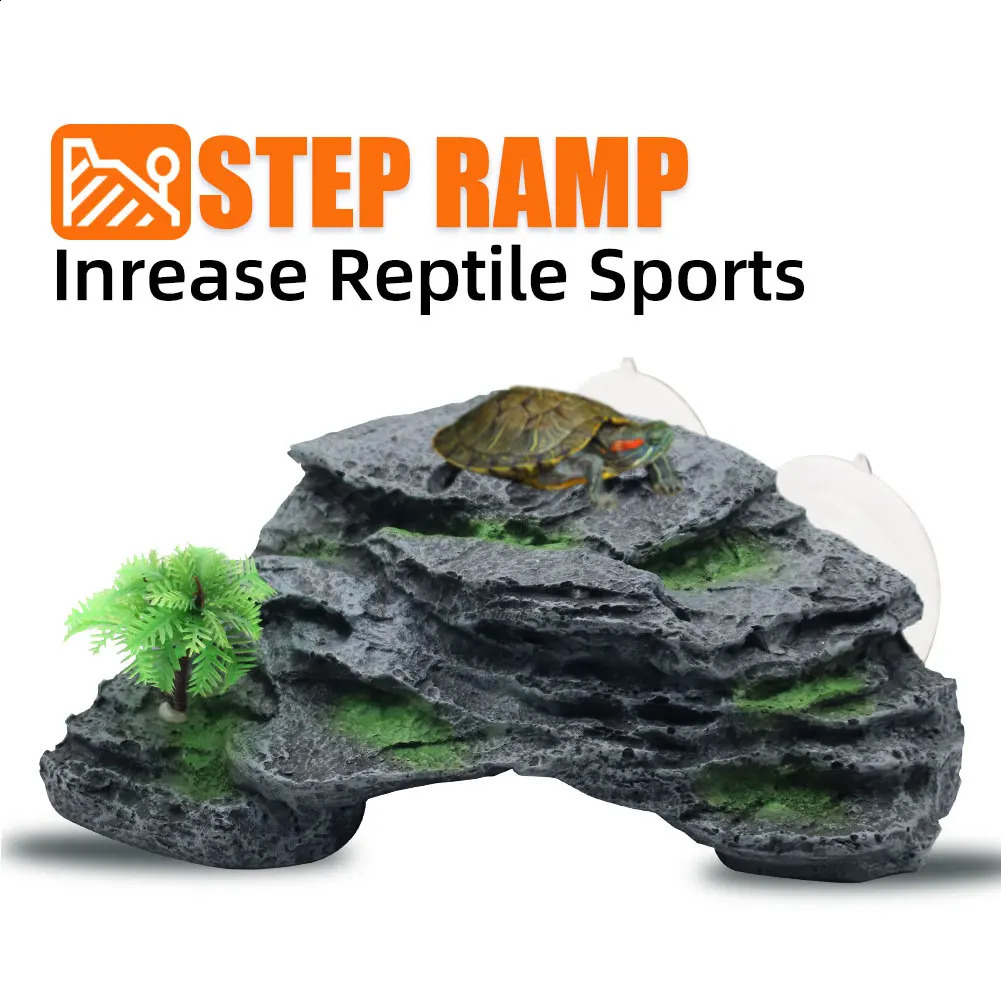 Turtle Basking Platform Terrace with Suction Cups Reptile Resin Aquarium Decor Fish Tank Decoration Rock with Plastic Plant 241225