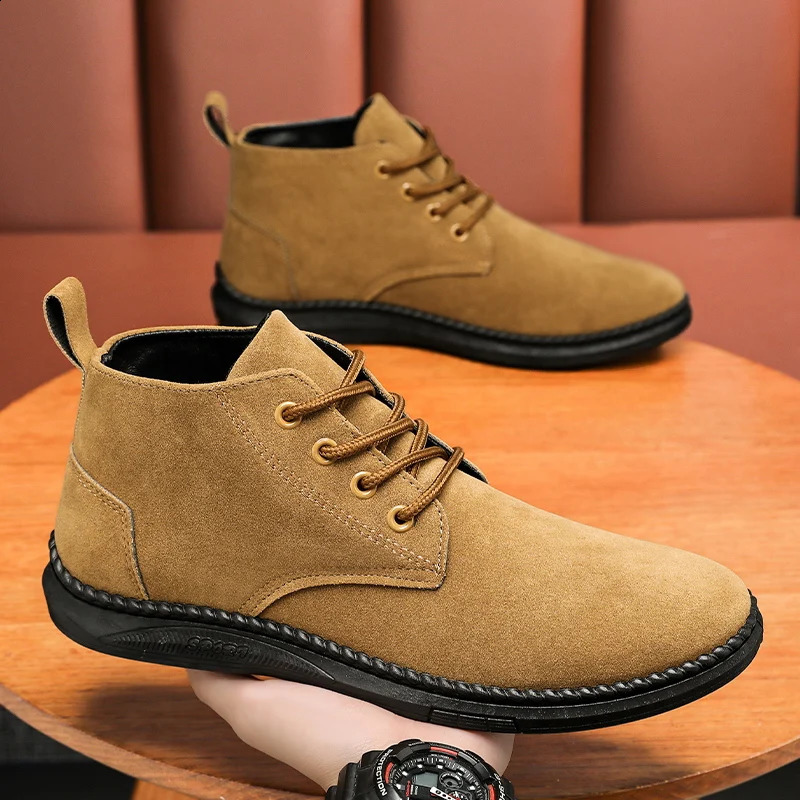 High Top Casual Board Shoes Mens Lace Up Suede Black Flat Bottom Short Boots Mens Chelsea Boots High-quality Denim Boots241226