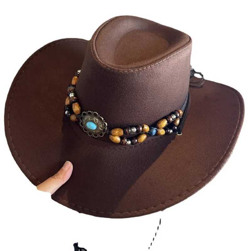 Retro turquoise decorated Western cowboy hat summer new style large brimmed wide border sun hat W241225