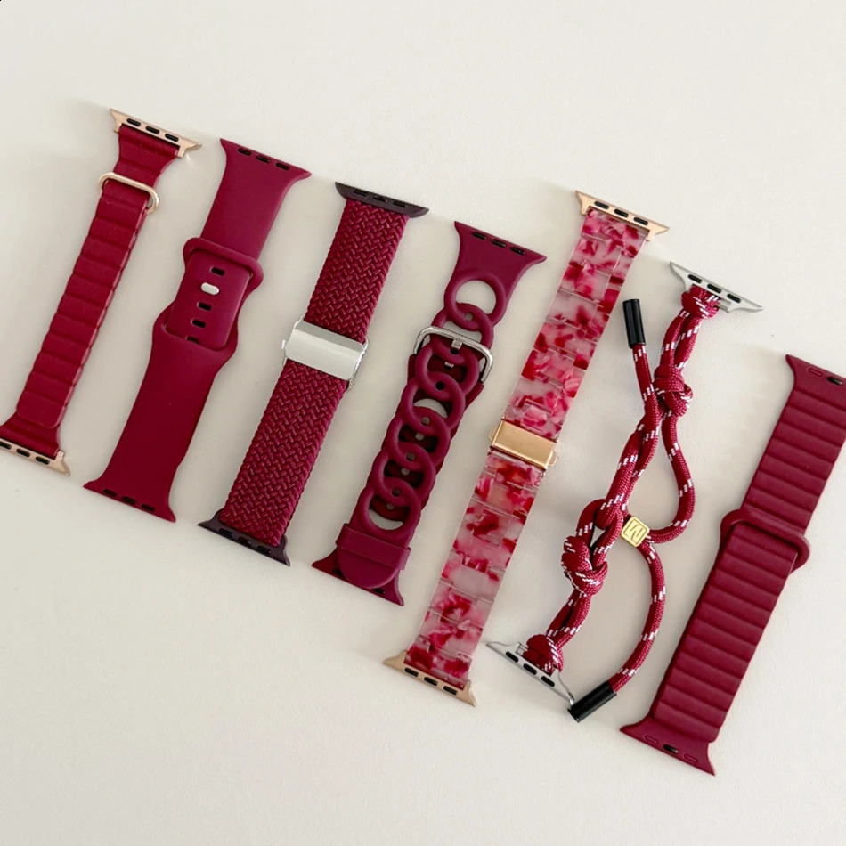 Wine Red Nylon Magnetic Silicon Strap For Watch Band S10 9 8 7 6 SE 38/40/41/42/44/45/46/49mm Bracelet 241220