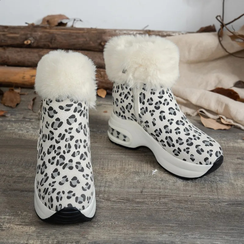 Winter Thick Cotton Boots Womens Fashion Round Head Leopard Print Side Zipper Anti-landslide Heel Boots 241226
