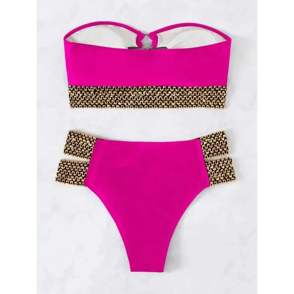 Sexy strapless bikini set Bandeau swimsuit womens swimsuit womens sparkling belt bikini set two-piece swimsuit beachwearW241225