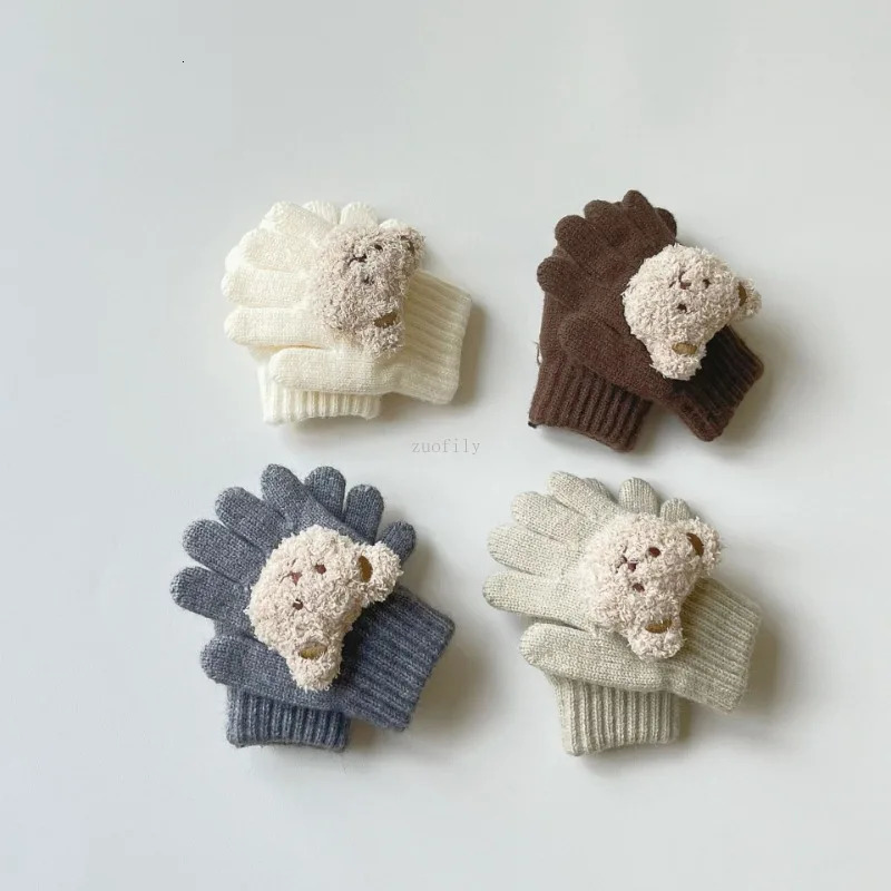 37Y Baby Cartoon Bear Mittens Winter Warm Kids Girl Solid Doll Gloves Knitted Children Toddler Thick Teething Mitten Handschoen 241225