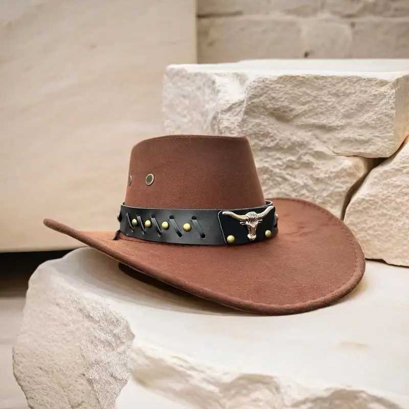Artificial suede western cowboy hat wide brown retro big edge gentleman cowboy girl brown jazz hat holiday party role-playing hat W241225
