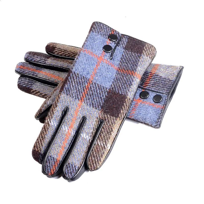 Mens Male Wool Tweed Leather Winter Warm Thicker Lining fashion Touch Screen Driving Short Gloves 241226