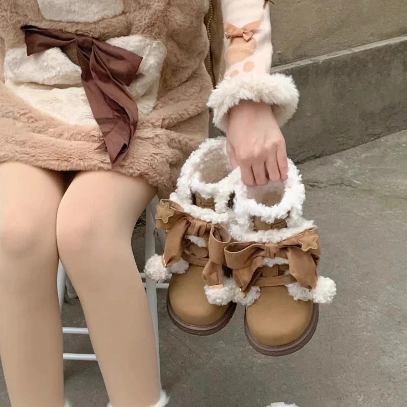 Trendy Mid-term Plush Boots 2024 Winter Plush Cute Flat Bottomed Round Bow Casual Womens Snow Boots Zapatos Mujer Sneakers241226