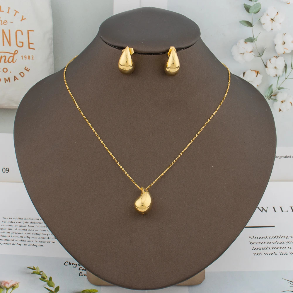 18K Gold Plated Earrings Necklace for Women Water Drop Pendant Girl Bohemian Fashion Jewelry Set Minimalist Chain Daily Wear 241226