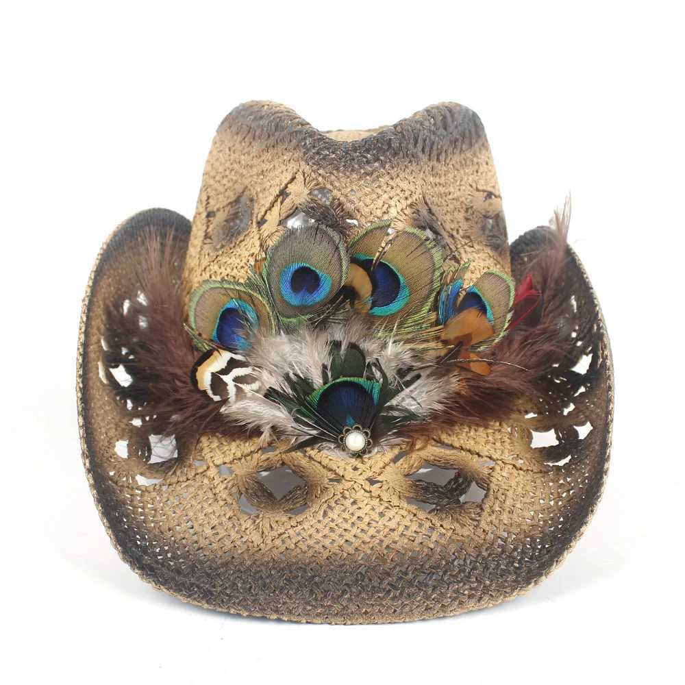 Womens Str Hollow Western Cowboy Hat La Handmade Peacock Feather Straw Hat Hombre Beach Cowboy Girl Jazz Sun Hat Size 56-58CM W241225