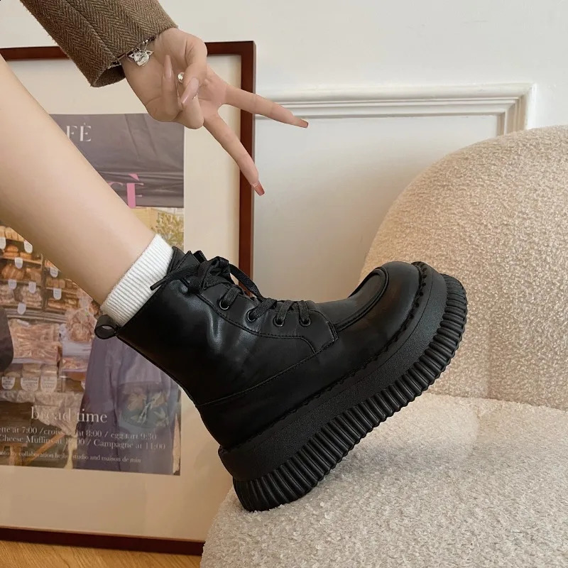 Shoes Female Ankle Womens Boots Winter Modern Boots Women Sewing Side Zip Round Toe Lace-up Platform Flat with Shoes Women 241226