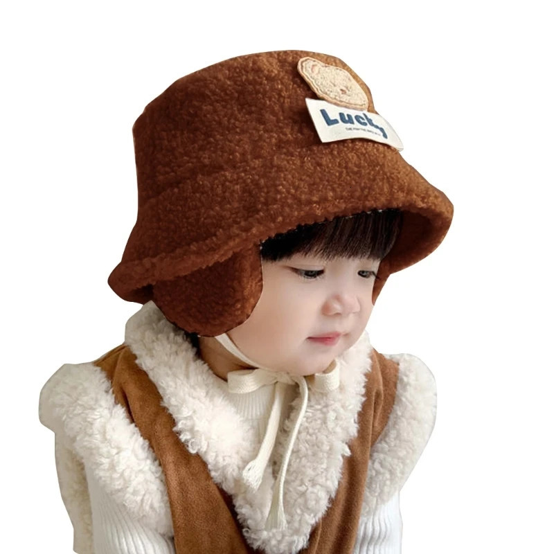 AutumnWinter Bear Wool Bucket Hat for Kids Warm Lovely Comfortable 241225