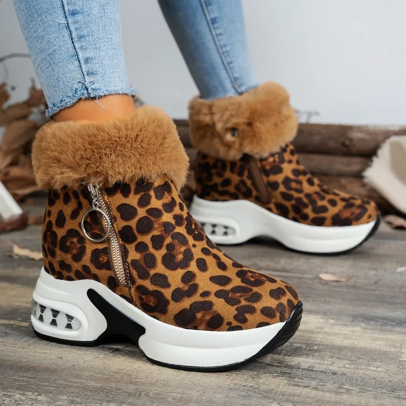 Winter Thick Cotton Boots Womens Fashion Round Head Leopard Print Side Zipper Anti-landslide Heel Boots 241226