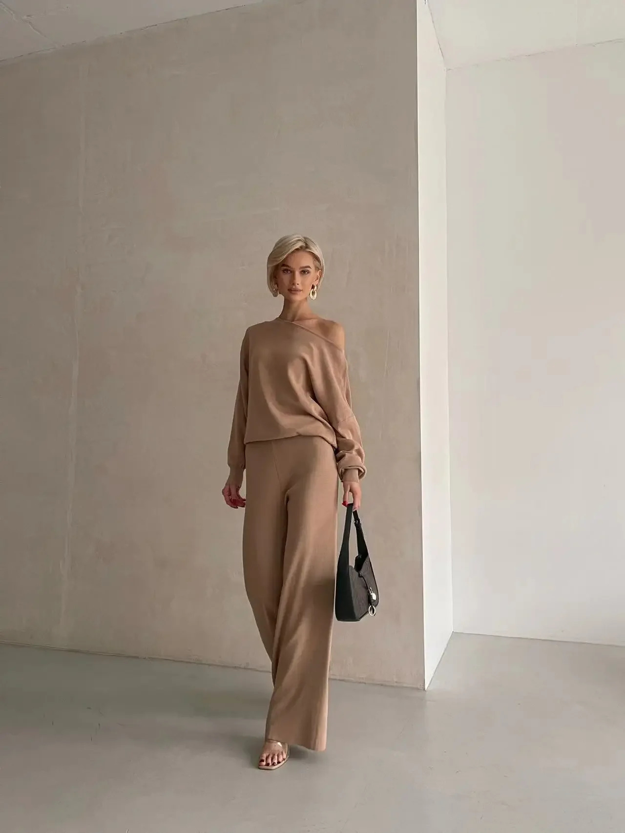 2024 Autumn One Shoulder Sexy Knit Two Piece Set Casual 2 Tracksuit Women Knitted Pants Suit and Top Matching Sets 241220