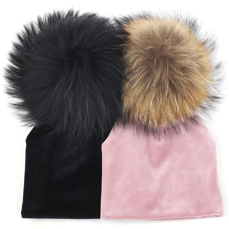 Cute Big Real Fur Pompom Baby Girls Boys Beanies Infant born Winter Warm Hats Unisex For 03 Month Caps 241225
