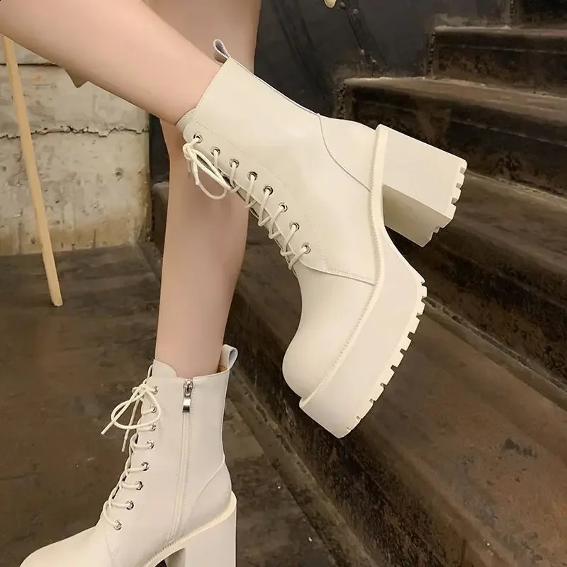Womens Martin Boots High Heel Waterproof Platform Thick Base Medium Short Boots Petite Soft Leather 241226