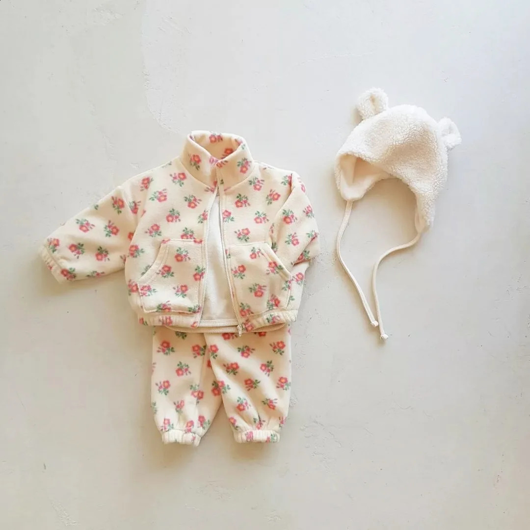 High Collar Floral Shirts Set For Baby Boy And Girl Thick Cotton Tops Pants Monochrome Plus Velvet Warm Kids Autumn 241225