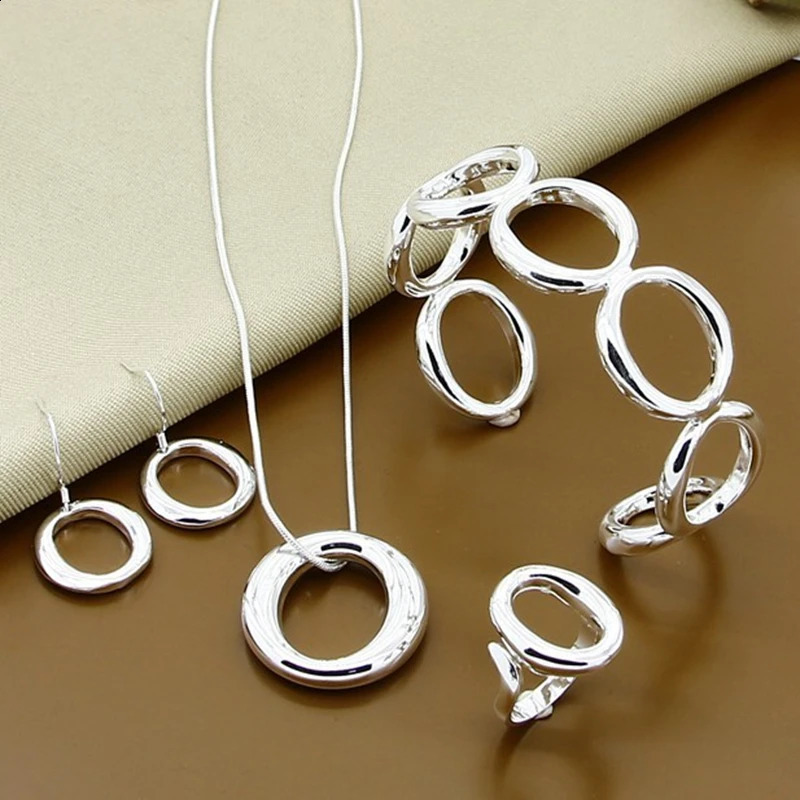 Jewelry Sets 925 Silver Fashion Simple Round Open Bangles Necklace Earrings Rings Set Top Quality 241226
