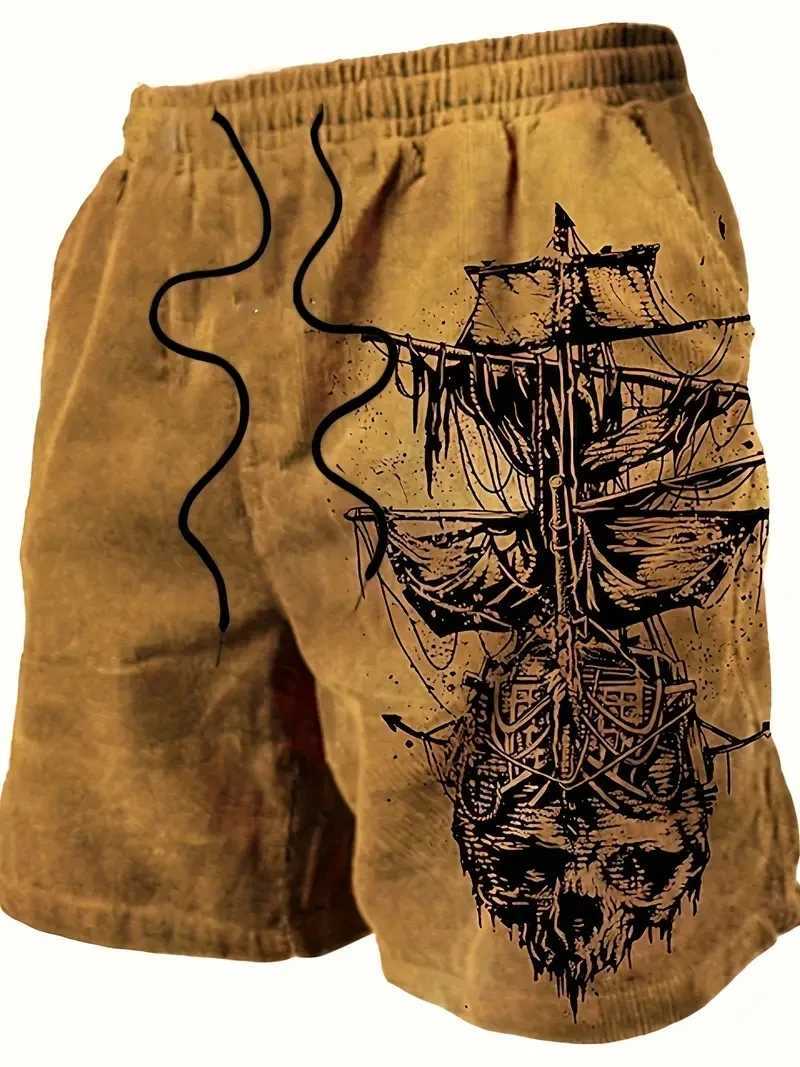 Mens beach pants skeleton pirate ship 3D printing mens summer casual breathable shorts mens clothing Bermuda mens shorts W241226