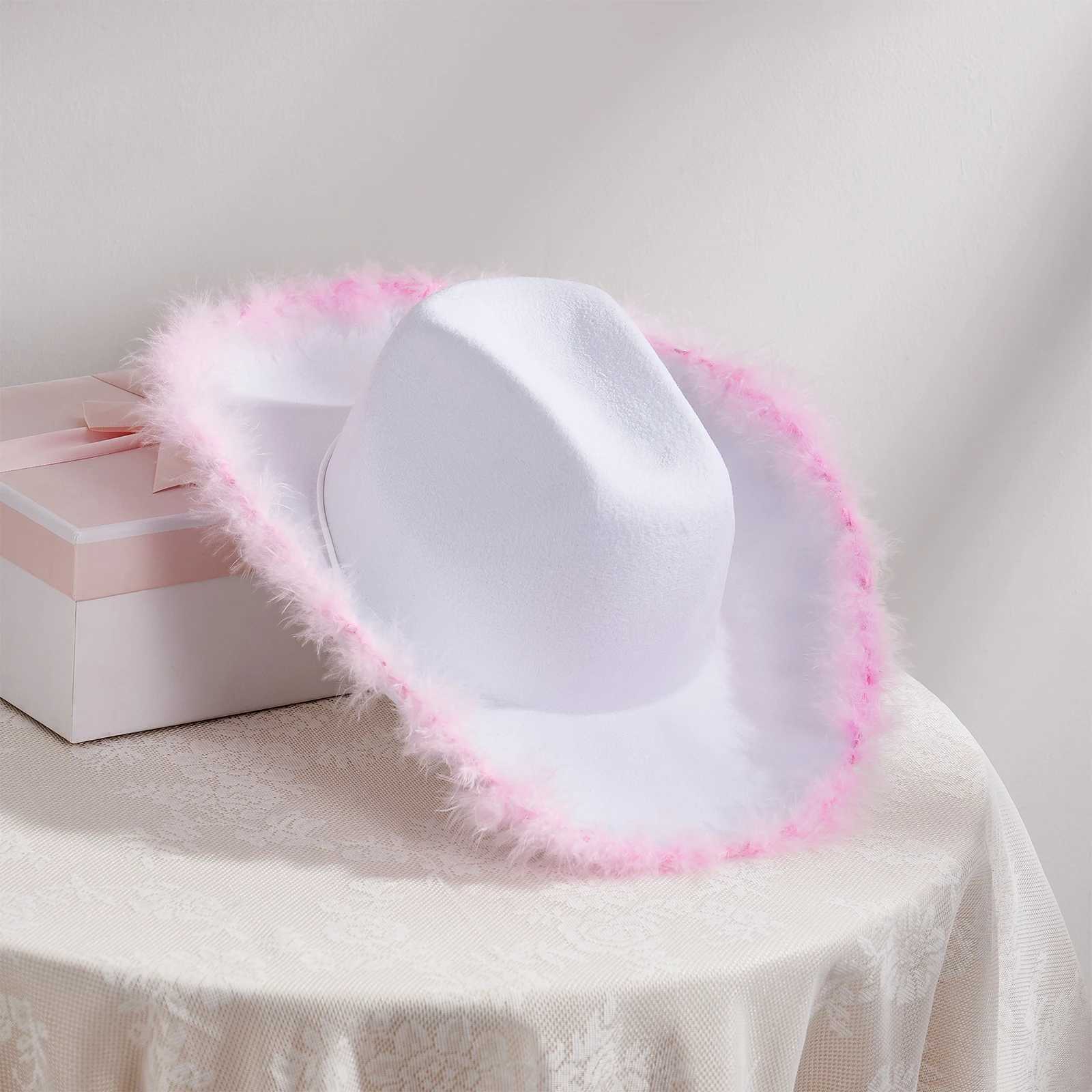 Womens denim hat solid color fuzzy decoration wide Brim C sun hat party fashion W241225