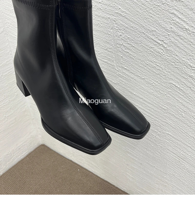 Autumn Heel Ankle Boot Fashion Square Toe Zipper Elegant Ladies White Casual Short Chelsea Boots Soft Leather PU 241226