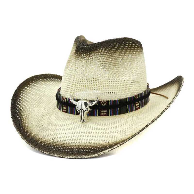 Black spray painted cow head decoration unisex womens Panama style hat wide brown sun visor Cs Per Str cowboy hat W241225