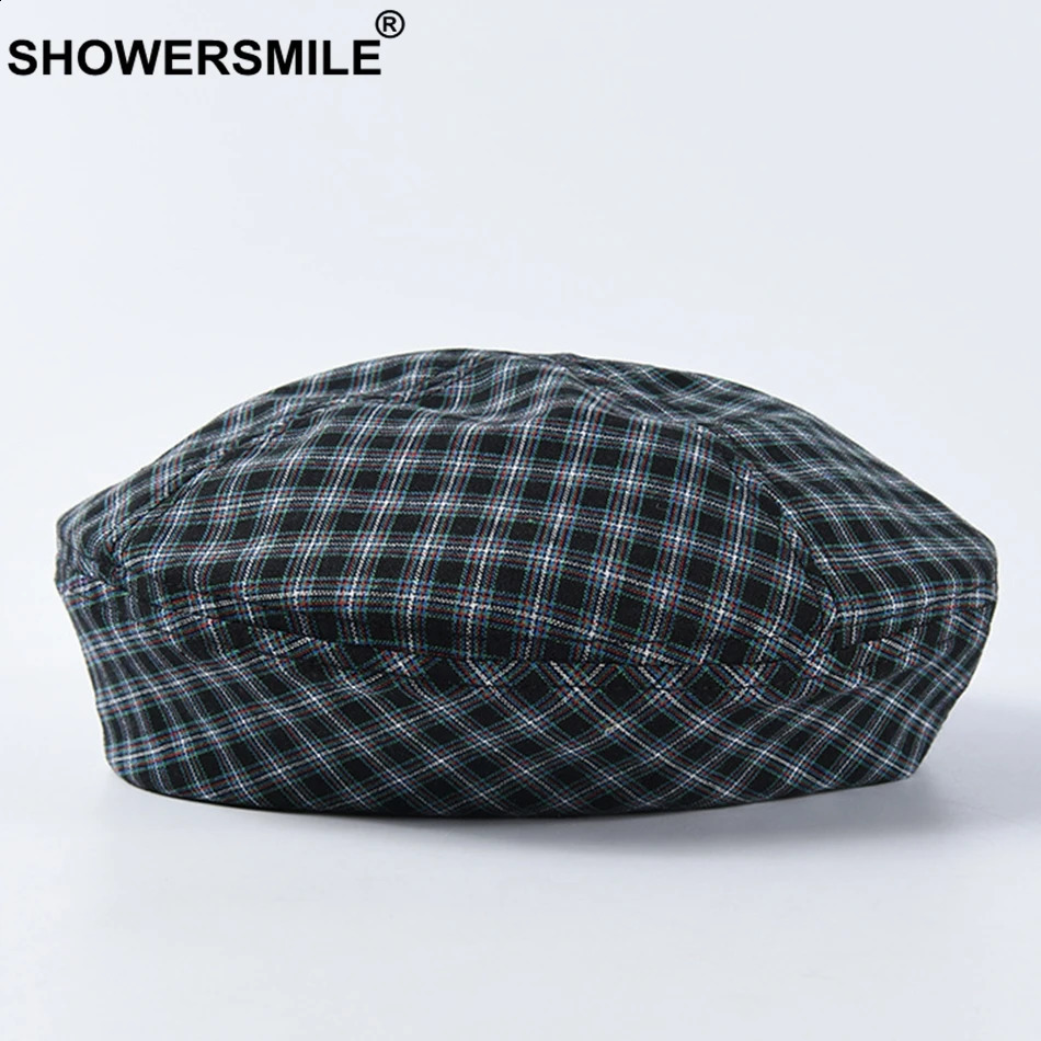 SHOWERSMILE Women Green Beret Checkered Cap Summer Style Vintage Artist Hat Famale Plaid Cotton Beret Hat Painter Cap Yellow Red 241226