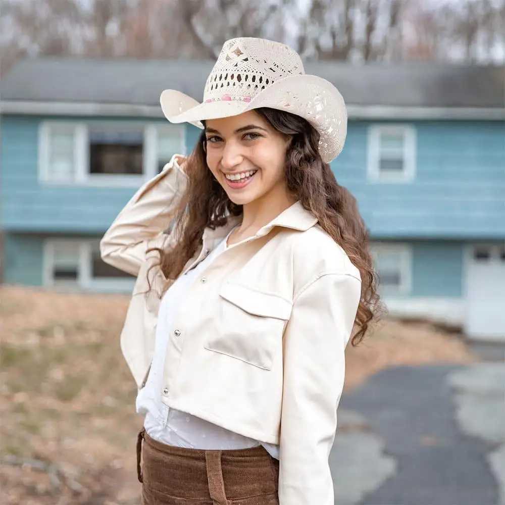 Western Cowboy Hat Str Womens Cowboy Hat with Sheeble Brim Bead Heart Decoration Resort Beach Sun Hat W241225