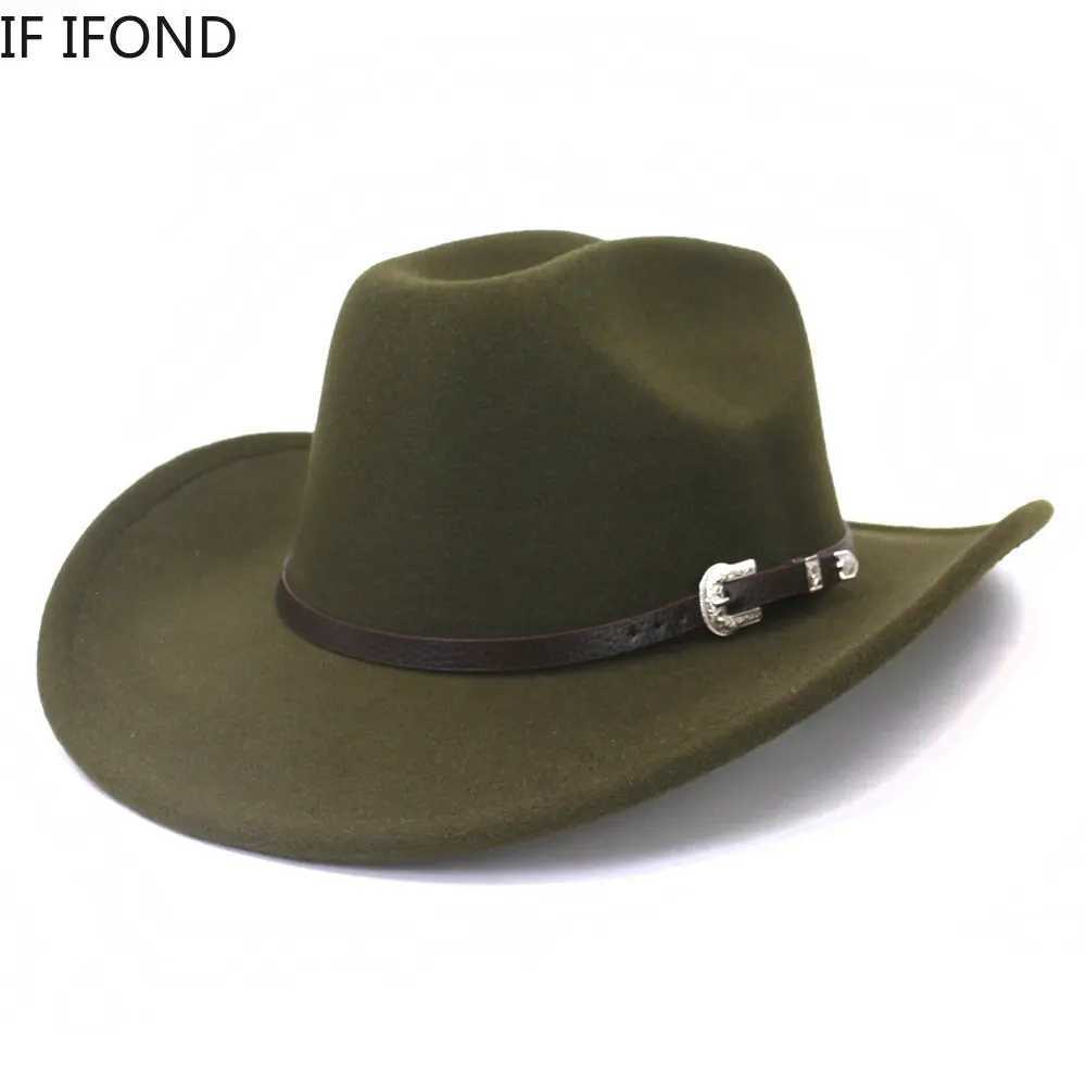 New retro mens western cowboy hat with belt rolled up in winter and autumn Brim Cowboy Girl Jazz Church C Sombrero Hombre W241225