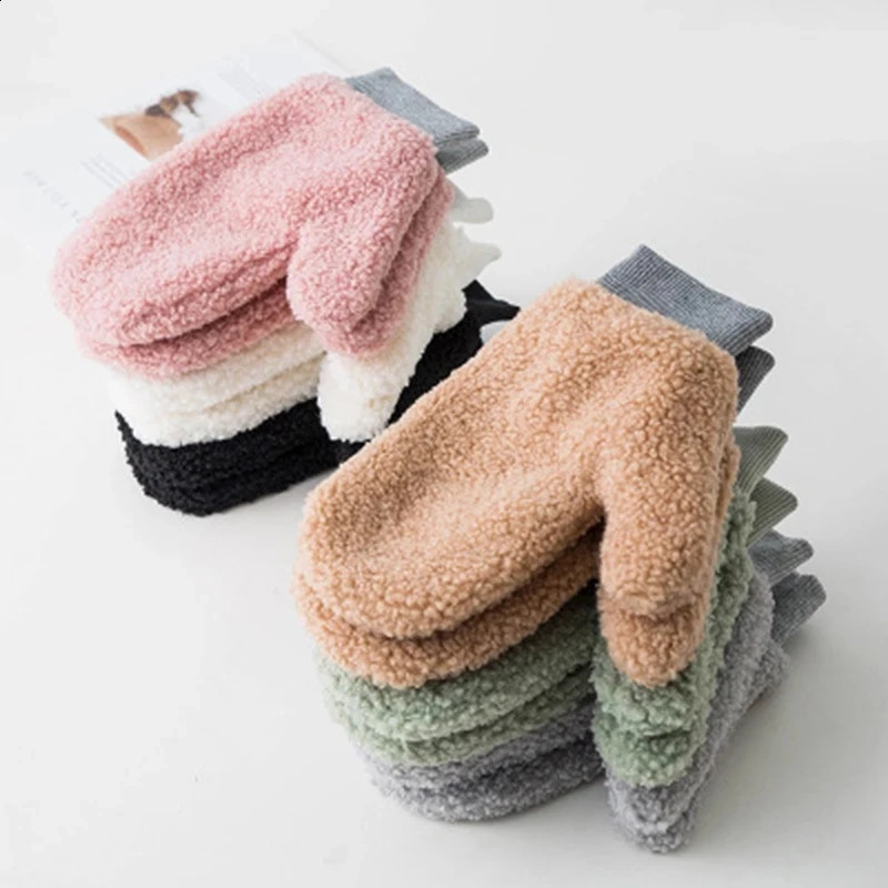Winter Lamb Wool Halter Neck Full Finger Warm Mittens Korean Female Double Layer Plush Thicken Windproof Cycling Gloves H36 241226