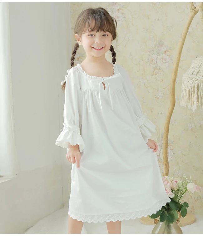 Cute Children Girl Lolita Dress White Princess Sleepshirts Vintage Ruffles NightgownsVictorian Kids Nightdress Sleep Loungewear 241226