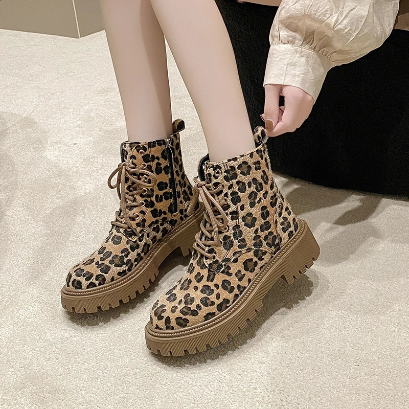 Shoes for Women Cross-tied Womens Boots Fashion Leopard Print Casual Boots Women Side Zipp Round Toe Ankle Boots 241226