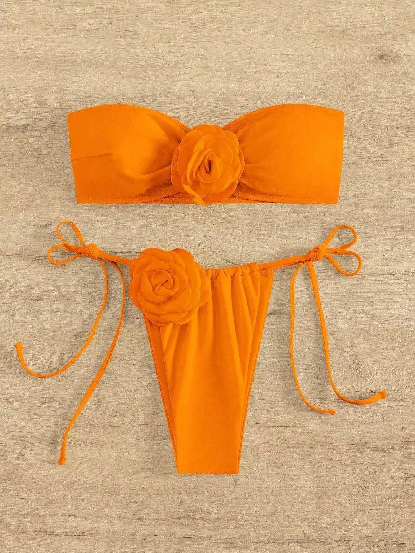 Bikini swimsuit womens 3D floral designer bikini set 2024 womens solid orange Bandeau push beach swimsuit thong swimsuitW241225
