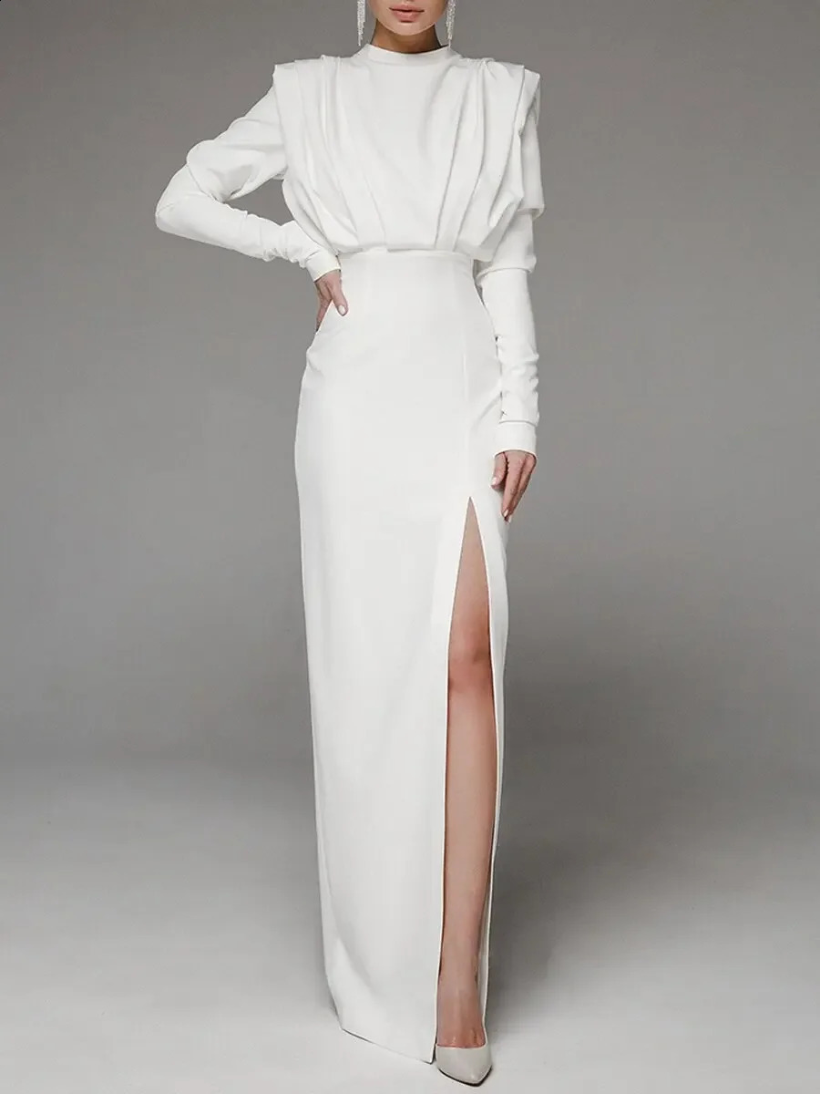 Spring Summer Muslim Drsss Women Half High Collar Slit Dresses for Women Casual Long Sleeve Solid Long Abaya Party Evening Dress 241217