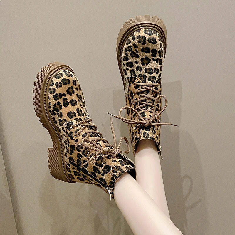 Shoes for Women Cross-tied Womens Boots Fashion Leopard Print Casual Boots Women Side Zipp Round Toe Ankle Boots 241226