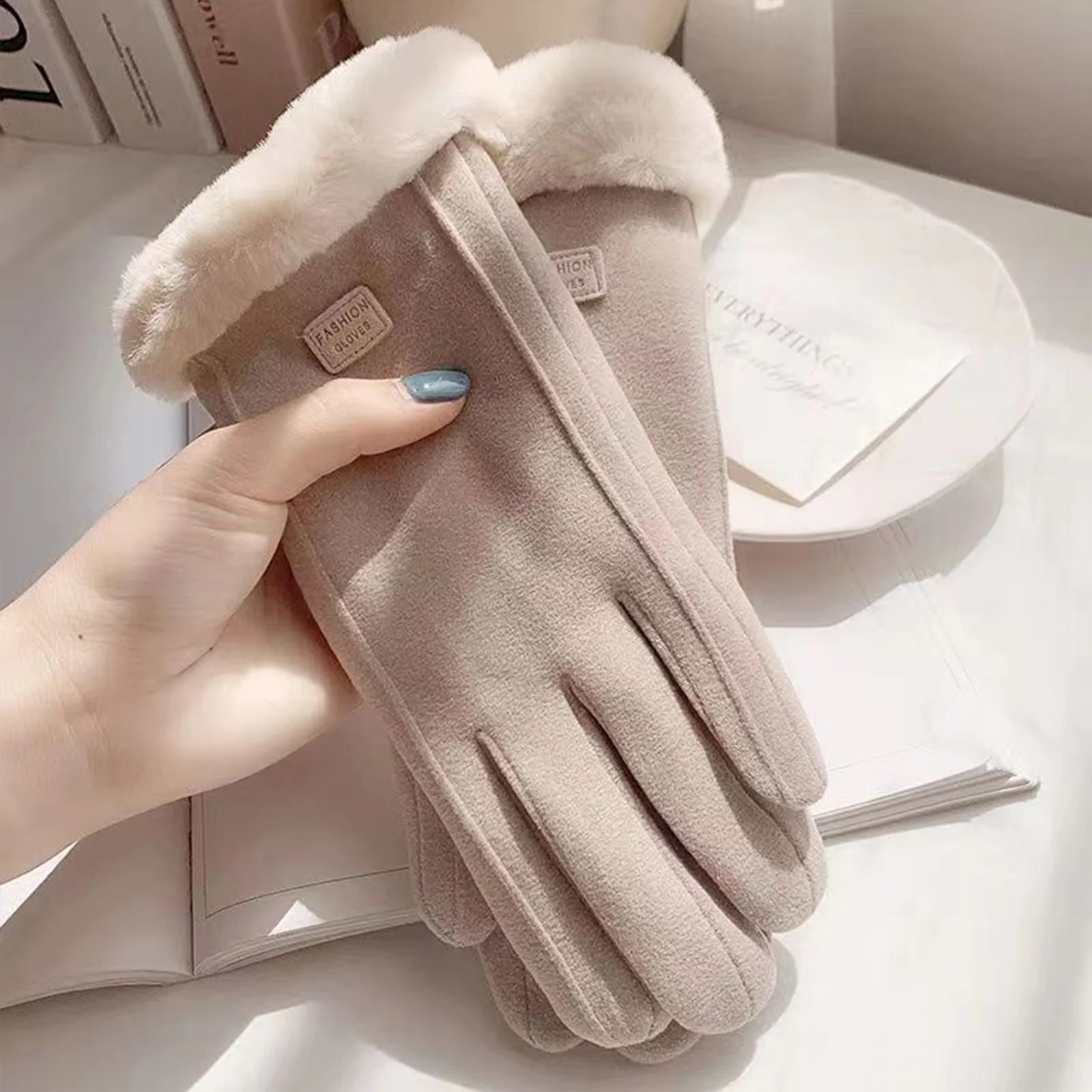Womens Winter Warm Gloves Deer Skin Windproof Full Finger Gloves For Cycling Travel Camping Touch Screen Velvet Glove 241226