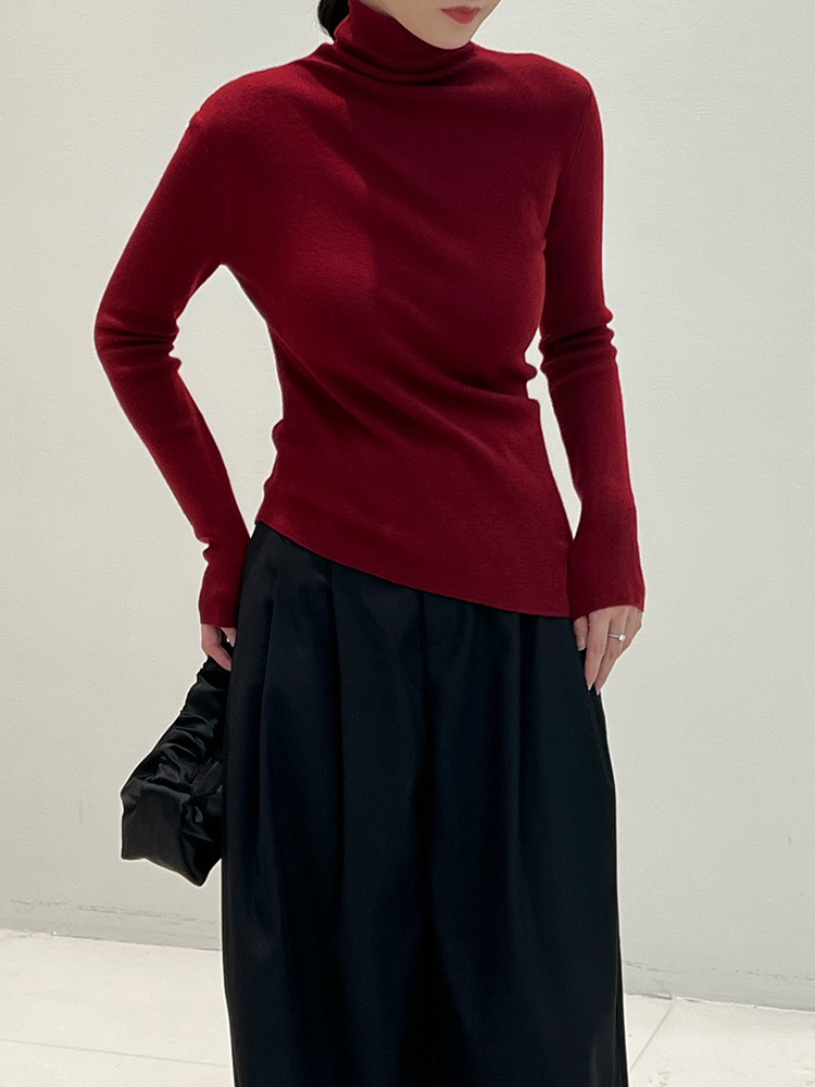 9484v1 Luxurious Asymmetric High Neck Wool Blend Sweater with Beveled Edges Perfect for Cold Seasons