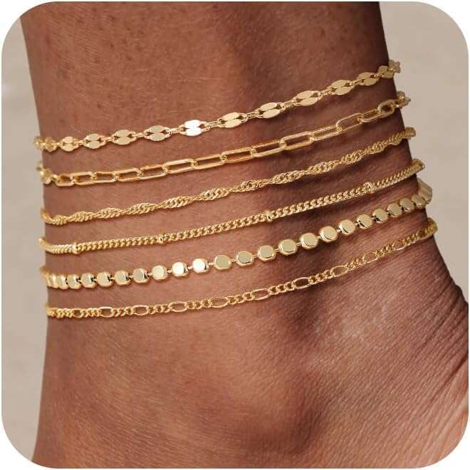 TEWIKY Waterproonkle Bracelets Women, 14K Real Filled Anklets 6PCS Thiny Herringbone Box Paperclip Bead Figaro Cuban k Anklet Set Dainty Gold for Wome