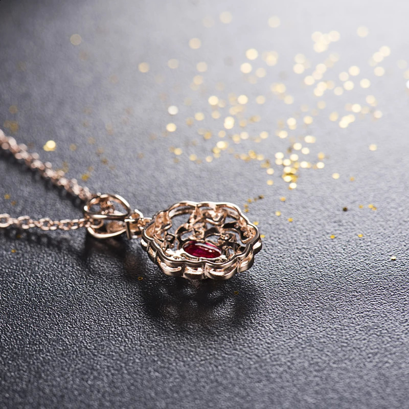 LANMI Real 14K Rose Gold Red Ruby Pendant Necklace Natural Diamond Jewels for Women Party Fine Jewelry 241226