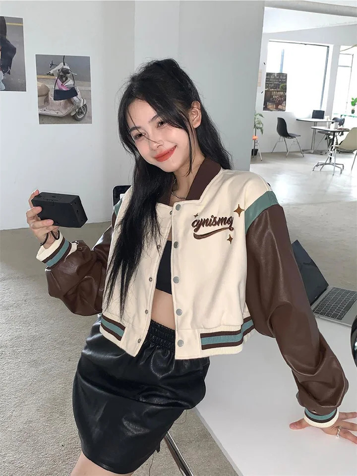 Y2K Cropped Baseball Jackets Women Harajuku Oversized Bomber Coat Streetwear Korean Letter Print Casual Short Outerwear Tops 241218