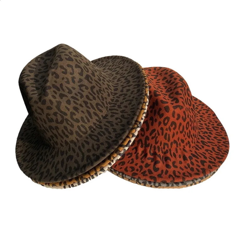 Unisex flat brim wool felt jazz fedora hat men and women leopard print leather band decoration tribe Panama formal hat cowboy 241226