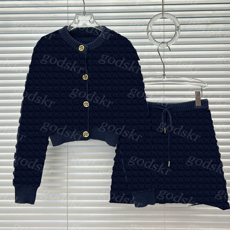 Jacquard Jumper Skirt Women Gold Button Short Knit Cardigan Jacket Sexy A Line Knit Skirt 2 Piece Dress
